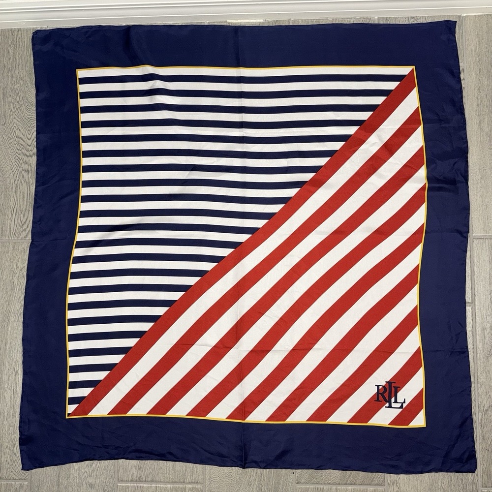 Laure Ralph Lauren Nautical Striped Silk Scarf Red White Blue 36.5"x36.5" *READ